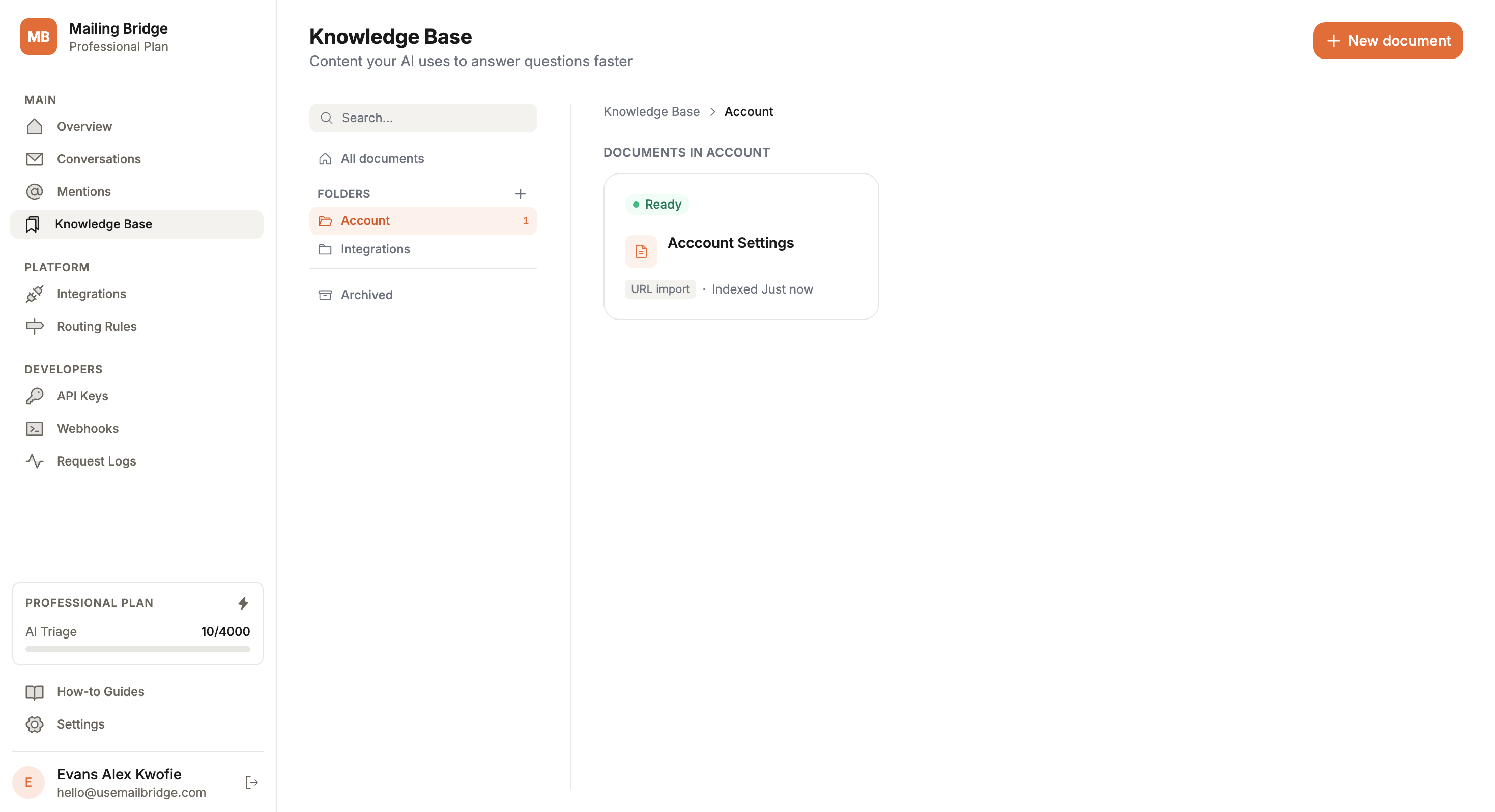Give your support AI a brain: introducing the MailBridge Knowledge Base