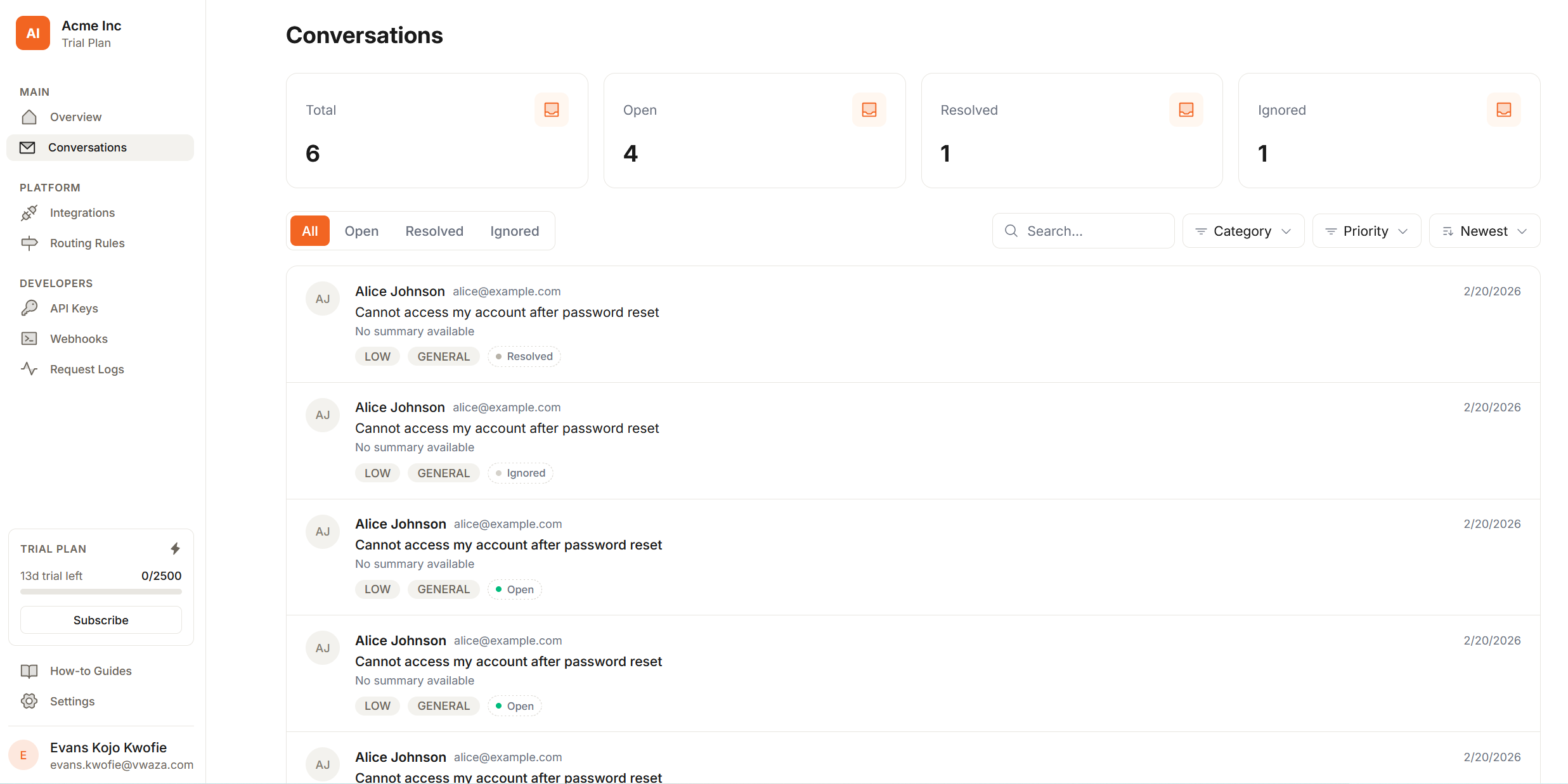 MailBridge dashboard